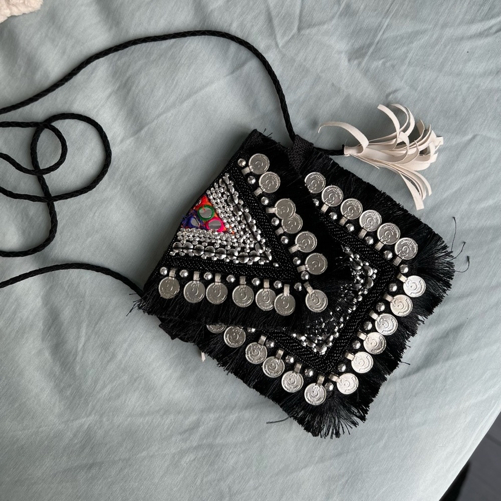 Beautiful Handmade Boho Coin Detail Mini Purse With Shoulder Strap